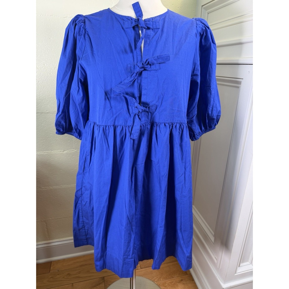 Band of the Free Blue Cotton Babydoll Mini Dress M Tie Front Puff Sleeves